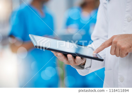 Hospital, research and hands of doctor with tablet for life insurance, wellness app and medical service. Healthcare, technology and man on touchscreen for telehealth, digital report and data analysis 118411894
