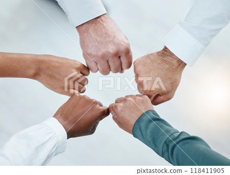 Teamwork, fist bump and hands of business people together for motivation, support and community. Collaboration, team building and top view of employees in circle for diversity, solidarity and goals 118411905