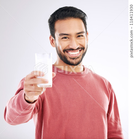Milk, man and smile portrait with happiness in studio with calcium, healthy and nutrition drink. Isolated, white background and model feeling happy from weight loss, wellness and detox diet smoothie Milk, man and smile portrait with happiness in studio with calcium, healthy and nutrition drink. Isolated, white background and model feeling happy from weight loss, wellness and detox diet smoothie 118411930