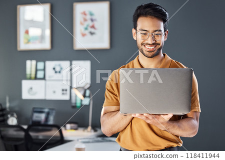 Research, laptop and happy man in office thinking, smile and excited on blurred wall background. Leader, vision and asian businessman online for planning, goal or design agency startup in Japan 118411944