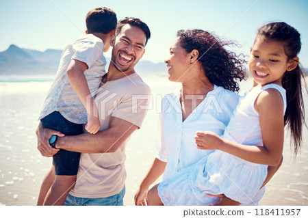 Happy family, laughing and beach hug of a mother, father and girl together by the ocean. Nature, sea and love of a mom, dad and child from the Philippines on vacation with parents on travel holiday Happy family, laughing and beach hug of a mother, father and girl together by the ocean. Nature, sea and love of a mom, dad and child from the Philippines on vacation with parents on travel holiday 118411957