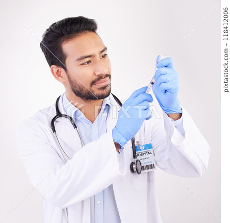 Healthcare, vaccine and man doctor with injection or shot in studio against a white background. Medicine, vaccination and man health expert with needle for medical, innovation or disease treatment 118412006