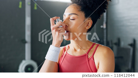 Woman, asthma inhaler and fitness at gym, health and wellness with medicine after workout. Lungs, chest relief and attack during exercise with healthcare, training and prescription drugs product 118412044