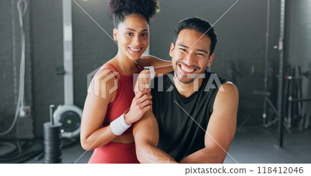 Portrait, smile and a fitness couple in the gym together for health, wellness training or a workout. Exercise, love and an athlete with a personal trainer or coach in a sports center for a challenge Portrait, smile and a fitness couple in the gym together for health, wellness training or a workout. Exercise, love and an athlete with a personal trainer or coach in a sports center for a challenge 118412046