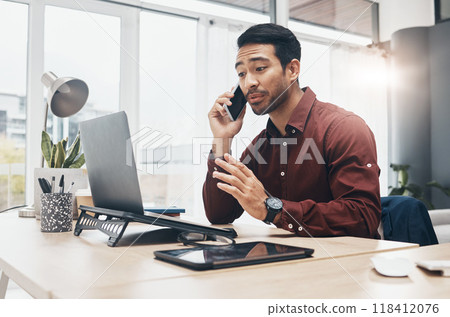 Phone call communication, stress and laptop person talking to tech contact for computer problem, 404 error or database crash. System crisis, reading and man consulting on website or software fail 118412076