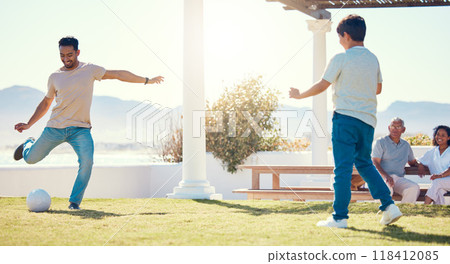 Soccer, kick and father and son in home garden for learning, bonding or fitness with sports. Relax, training and football with man playing with child in backyard for summer break, weekend or teaching Soccer, kick and father and son in home garden for learning, bonding or fitness with sports. Relax, training and football with man playing with child in backyard for summer break, weekend or teaching 118412085