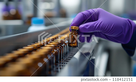 Hands handling glass bottles in factory 118412151
