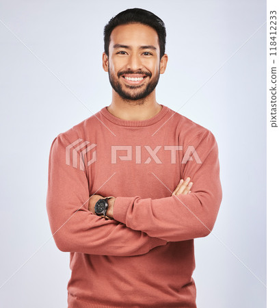 Portrait, happy or confident Asian man with arms crossed or smile in studio in casual fashion or clothes. Relax, satisfied or friendly handsome person smiling on white background with pride or joy 118412233