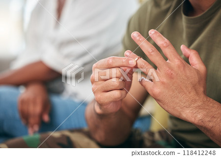 Hand closeup, ring and couple with a divorce, marriage problem or home crisis. House, mental health and a man leaving relationship with a wife or woman after fail, conflict or relationshp separation 118412248