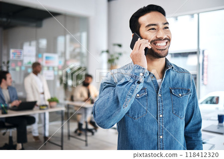 Happy man, deal or business developer on a phone call talking, networking or speaking of ideas in office. Smile, mobile communication or founder in conversation for a negotiation offer or planning Happy man, deal or business developer on a phone call talking, networking or speaking of ideas in office. Smile, mobile communication or founder in conversation for a negotiation offer or planning 118412320