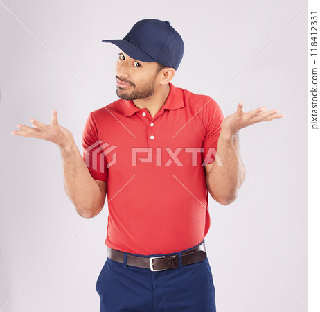 Shrug, confused and unsure man in studio with open hands for a question, why or doubt. Portrait of young asian person on a white background with fashion clothes, emoji or review on choice or decision 118412331