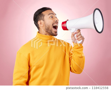 Man, megaphone and voice for news, broadcast or student sale with wow announcement on studio pink background. Young person or gen z noise with call to action, university attention or college speaker Man, megaphone and voice for news, broadcast or student sale with wow announcement on studio pink background. Young person or gen z noise with call to action, university attention or college speaker 118412338
