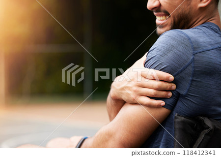 Fitness, closeup or man with shoulder pain, injury or exercise and inflammation, broken and muscle tension. Zoom, hurt person and athlete with accident, arm strain and health problem on outdoor space 118412341