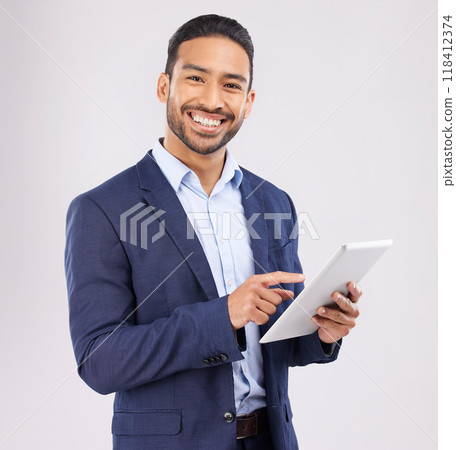 Portrait, asian man and business tablet in studio for planning research, trading data or stock market information. Happy male trader scroll on digital tech to financial connection on white background Portrait, asian man and business tablet in studio for planning research, trading data or stock market information. Happy male trader scroll on digital tech to financial connection on white background 118412374