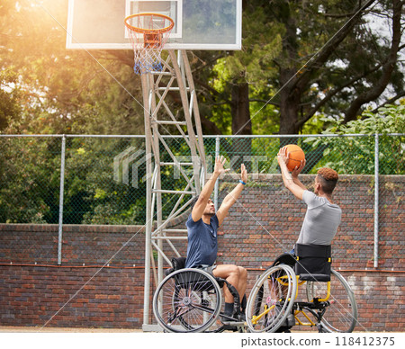 Sports, wheelchair basketball shot and people practice target, goal or hoop shooting in match competition. Player aim ball, rival challenge and outdoor workout, fitness and athlete with disability 118412375
