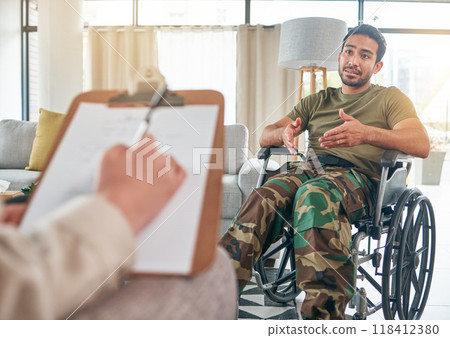 Military man, wheelchair and therapist for counselling, trauma and mental health. Depression, consultation and army veteran with a disability for therapy at psychologist person for problem or support Military man, wheelchair and therapist for counselling, trauma and mental health. Depression, consultation and army veteran with a disability for therapy at psychologist person for problem or support 118412380