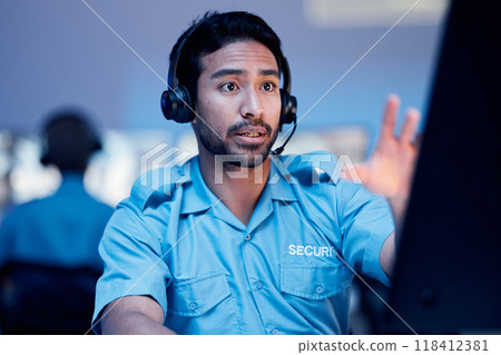 Security dispatch, computer and man with problem, emergency and monitor CCTV, surveillance or crime. Safety officer, support consultation and law person reading, chat and consulting about 911 crisis Security dispatch, computer and man with problem, emergency and monitor CCTV, surveillance or crime. Safety officer, support consultation and law person reading, chat and consulting about 911 crisis 118412381