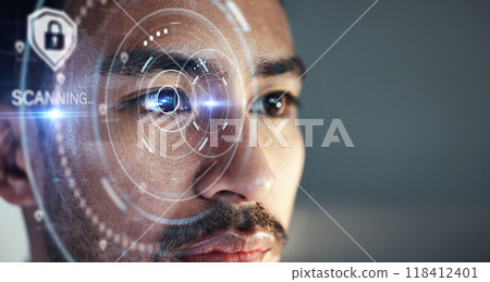 Asian man, scanning eye and biometrics for futuristic cyber security on mockup space at the office. Face of male person in future facial recognition for digital access, identification or verification 118412401