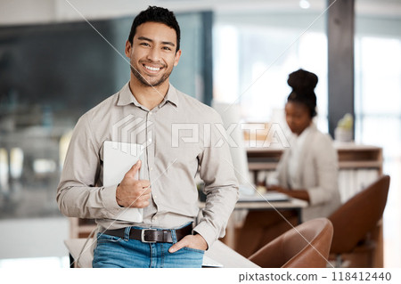 Happy, tablet and portrait of business man in office for professional, digital and pride. Communication app, website and technology with male employee for management, mission and internet in startup Happy, tablet and portrait of business man in office for professional, digital and pride. Communication app, website and technology with male employee for management, mission and internet in startup 118412440