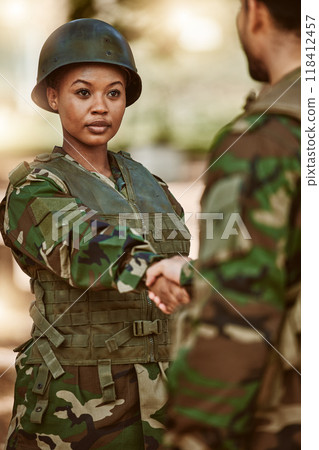 Soldier, military and man and woman with handshake in nature for service, protection and thank you. War training, national army and people shaking hands for veteran honor, greeting and official duty 118412457