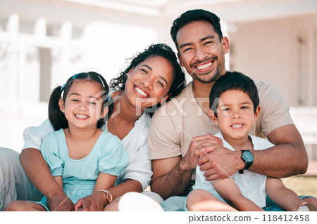 Portrait, family and happy parents with kids outdoor at house, home or backyard in summer or happiness on holiday. Man, woman and children with smile on face for bonding, quality time or vacation 118412458
