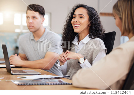 Architecture, happy woman or engineering team in meeting for development project planning together. Group collaboration, designers or people in communication with manager or architect for a building 118412464