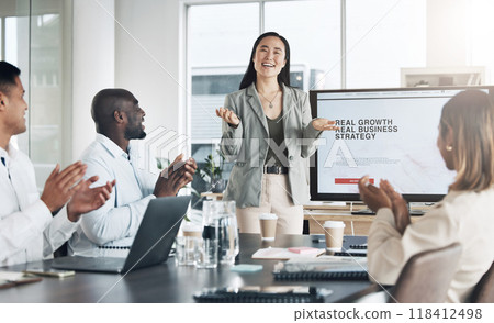 Presentation, clapping and business woman, manager or speaker on screen in growth strategy, ideas or proposal success. Asian presenter, audience or people applause in workshop, seminar or conference 118412498