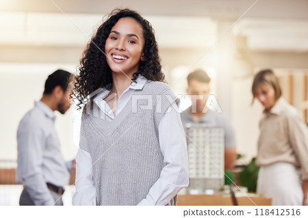 Architect woman, smile in portrait with confidence and happiness in architecture meeting with team leader. Property development, female in business and happy with engineering and success in project Architect woman, smile in portrait with confidence and happiness in architecture meeting with team leader. Property development, female in business and happy with engineering and success in project 118412516