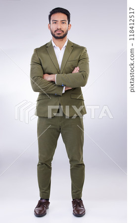 Serious, business man and portrait of arms crossed in studio, white background and professional worker. Focused entrepreneur, male model and leadership in suit, corporate power and assertive attitude Serious, business man and portrait of arms crossed in studio, white background and professional worker. Focused entrepreneur, male model and leadership in suit, corporate power and assertive attitude 118412517