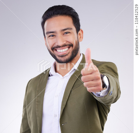 Thumbs up, success and portrait of business man smile and happy for win isolated in a studio white background. Entrepreneur, Latino and corporate employee excited, thank you and agreement sign Thumbs up, success and portrait of business man smile and happy for win isolated in a studio white background. Entrepreneur, Latino and corporate employee excited, thank you and agreement sign 118412529