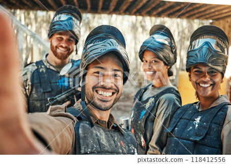 Paintball team, happy selfie and group together, smile and happiness for action game, army mission and memory photo. Battlefield arena, war soldier and military post training picture to social media Paintball team, happy selfie and group together, smile and happiness for action game, army mission and memory photo. Battlefield arena, war soldier and military post training picture to social media 118412556