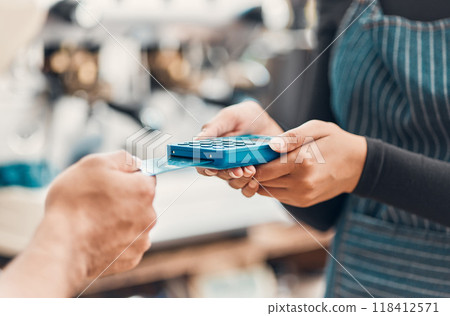 Credit card, machine and hands for payment in a coffee shop for shopping, bills or sale with technology. Contactless paying, electronic transaction or closeup of cafe customer at cashier for checkout Credit card, machine and hands for payment in a coffee shop for shopping, bills or sale with technology. Contactless paying, electronic transaction or closeup of cafe customer at cashier for checkout 118412571
