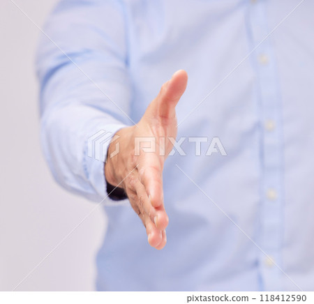 Opportunity, welcome and business man with a handshake in studio for recruitment, onboarding or hiring. Partnership, collaboration and male professional shaking hands for contract, agreement and deal Opportunity, welcome and business man with a handshake in studio for recruitment, onboarding or hiring. Partnership, collaboration and male professional shaking hands for contract, agreement and deal 118412590