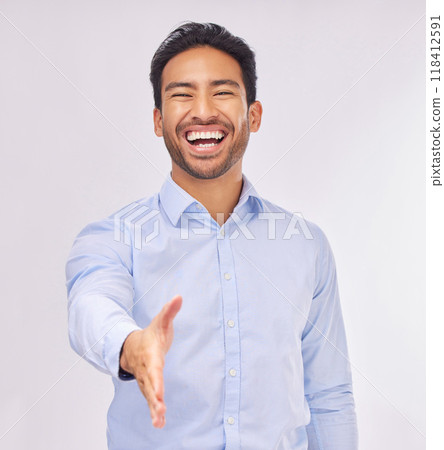 Portrait, laughing and business man with handshake in studio isolated on white background. Intro, funny or happy Asian professional shaking hands for deal, partnership or welcome, agreement or hiring Portrait, laughing and business man with handshake in studio isolated on white background. Intro, funny or happy Asian professional shaking hands for deal, partnership or welcome, agreement or hiring 118412591