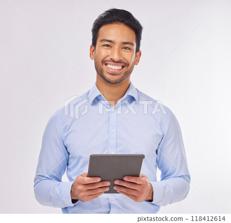Portrait, smile and business man with tablet in studio isolated on a white background. Ceo face, professional boss and happy Asian male entrepreneur from Singapore from with touchscreen technology. 118412614