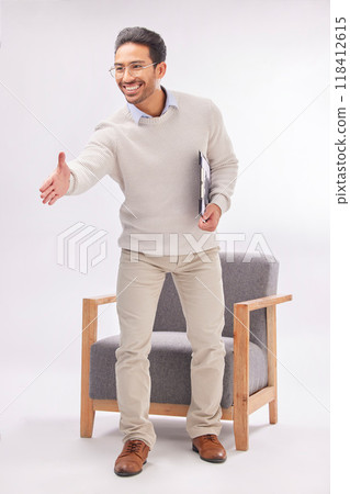 Handshake offer of professional man isolated on a white background, welcome meeting or psychologist client hello. Asian person or therapist shake hands in deal or introduction with armchair in studio Handshake offer of professional man isolated on a white background, welcome meeting or psychologist client hello. Asian person or therapist shake hands in deal or introduction with armchair in studio 118412615