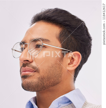 Business, glasses and man thinking, concentration and professional with confidence, startup success and ideas. Male consultant, employee or ceo with eyewear, clear vision or opportunity for promotion Business, glasses and man thinking, concentration and professional with confidence, startup success and ideas. Male consultant, employee or ceo with eyewear, clear vision or opportunity for promotion 118412617