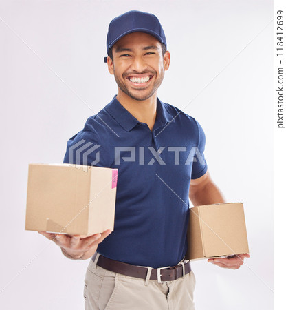 Delivery man smile, shipping box and portrait of a employee in studio with courier service. Boxes, supply chain and happiness of a export worker with distribution, online shopping and mail services Delivery man smile, shipping box and portrait of a employee in studio with courier service. Boxes, supply chain and happiness of a export worker with distribution, online shopping and mail services 118412699