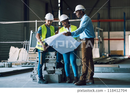 Engineer people, blueprint and meeting in teamwork construction, planning or strategy on site. Architect group in team discussion for building, floor plan or documents for industrial architecture 118412704
