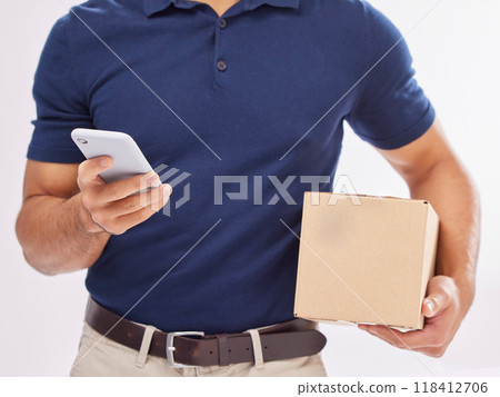 Delivery man with package in hands, phone and box, ecommerce and shipping isolated on white background. Communication, fintech and zoom, digital invoice and male in studio with commercial service 118412706