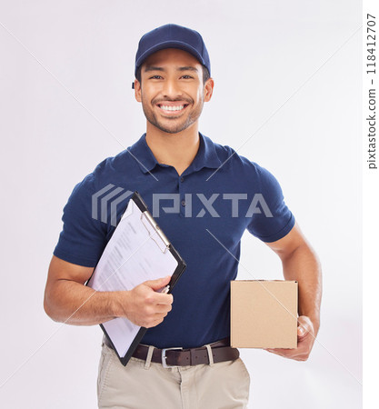 Delivery man, package and portrait, happy and clipboard for signature, shipping box isolated on white background. Paper invoice, customer to sign and male smile in studio, supply chain and logistics 118412707