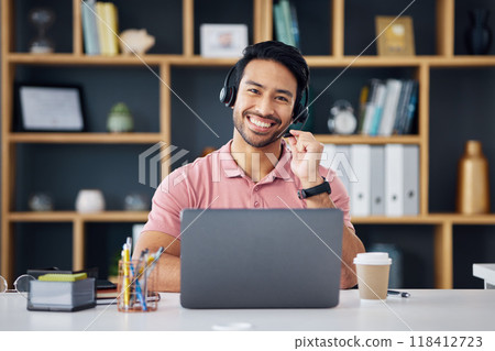 Happy asian man, call center and smile on laptop for consulting, customer service or support at office desk. Portrait of male consultant with headphones by computer for telemarketing or online advice 118412723