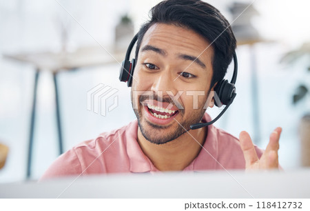 Asian man, call center and consulting with headset on computer for customer service, help or support at office. Male consultant agent talking with headphones on PC for telemarketing or online advice Asian man, call center and consulting with headset on computer for customer service, help or support at office. Male consultant agent talking with headphones on PC for telemarketing or online advice 118412732