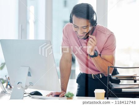 Happy asian man, call center and headphones by computer for consulting, customer service or support at office desk. Friendly male consultant agent smile with headset mic by PC in telemarketing advice Happy asian man, call center and headphones by computer for consulting, customer service or support at office desk. Friendly male consultant agent smile with headset mic by PC in telemarketing advice 118412748