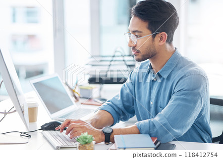 Computer, business and man typing, planning and feedback for report, proposal and reading emails. Male entrepreneur, employee and consultant in workplace, pc and device for search internet and online 118412754