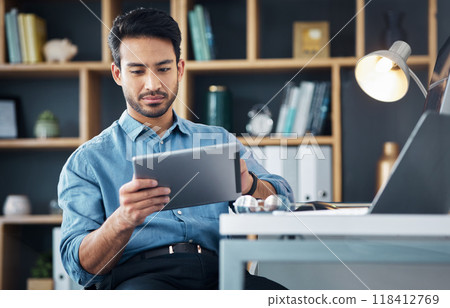 Business man, tablet and internet in office for productivity, planning and startup research. Male employee working on digital technology, website strategy and scroll trading app for data management Business man, tablet and internet in office for productivity, planning and startup research. Male employee working on digital technology, website strategy and scroll trading app for data management 118412769