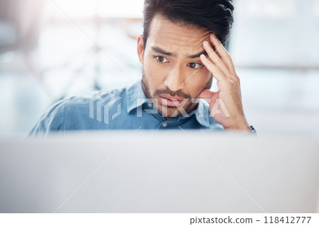 Asian man, stress and tired with laptop in office for glitch, problem and anxiety for proposal, idea or burnout. Businessman, computer and thinking with frustrated face, depressed and headache at job Asian man, stress and tired with laptop in office for glitch, problem and anxiety for proposal, idea or burnout. Businessman, computer and thinking with frustrated face, depressed and headache at job 118412777