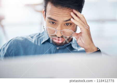 Asian man, frustrated and tired with laptop in office for glitch, problem or anxiety for proposal, idea or burnout. Businessman, computer and thinking with stress, depressed or headache for 404 error Asian man, frustrated and tired with laptop in office for glitch, problem or anxiety for proposal, idea or burnout. Businessman, computer and thinking with stress, depressed or headache for 404 error 118412778