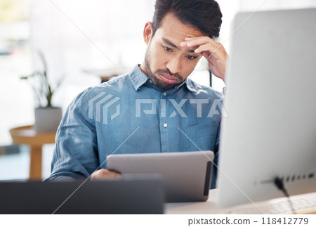 Stress, tablet and bored business man in office for difficult project, challenge or burnout of brain fog. Confused male employee, digital technology and frustrated for online mistake, lazy and glitch Stress, tablet and bored business man in office for difficult project, challenge or burnout of brain fog. Confused male employee, digital technology and frustrated for online mistake, lazy and glitch 118412779
