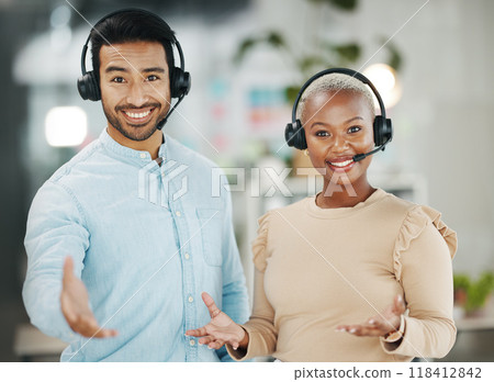 Business people, call center and portrait smile for teamwork collaboration in customer service at the office. Happy asian man and black woman consultant or agent smiling for online advice or help Business people, call center and portrait smile for teamwork collaboration in customer service at the office. Happy asian man and black woman consultant or agent smiling for online advice or help 118412842